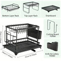 2-Tier Detachable Dish Drying Rack Carbon Steel Multifunctional Countertop Kitchen Organizer with Drainboard Utensil Holder