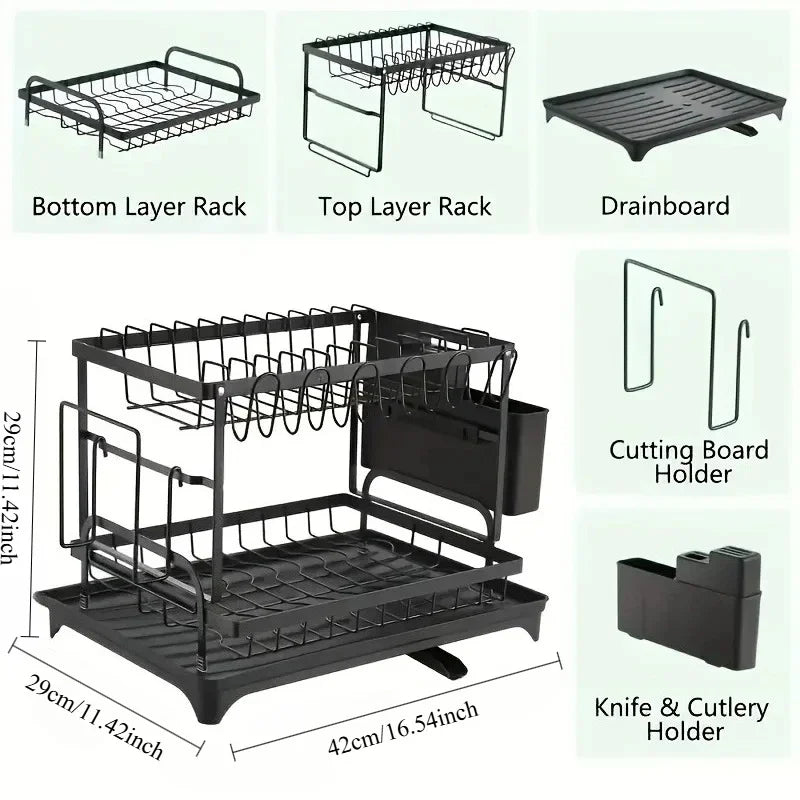 2-Tier Detachable Dish Drying Rack Carbon Steel Multifunctional Countertop Kitchen Organizer with Drainboard Utensil Holder