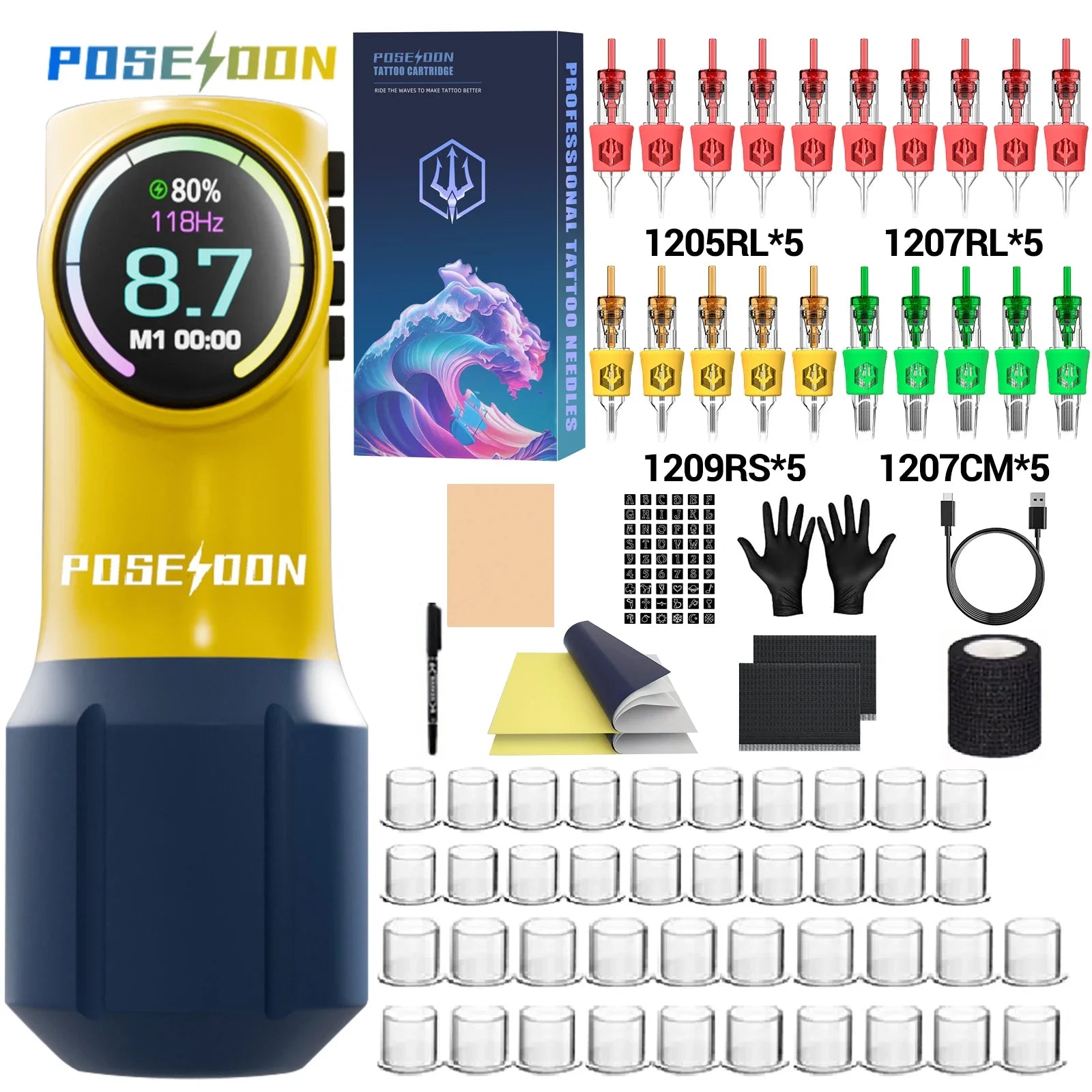 Tattoo Kit POSEIDON Yellow Tattoo Pen Kit For Permanent Makeup Tattoo Machine Kit Hot New Tattoo Power Supply Tattoo Gun Kit