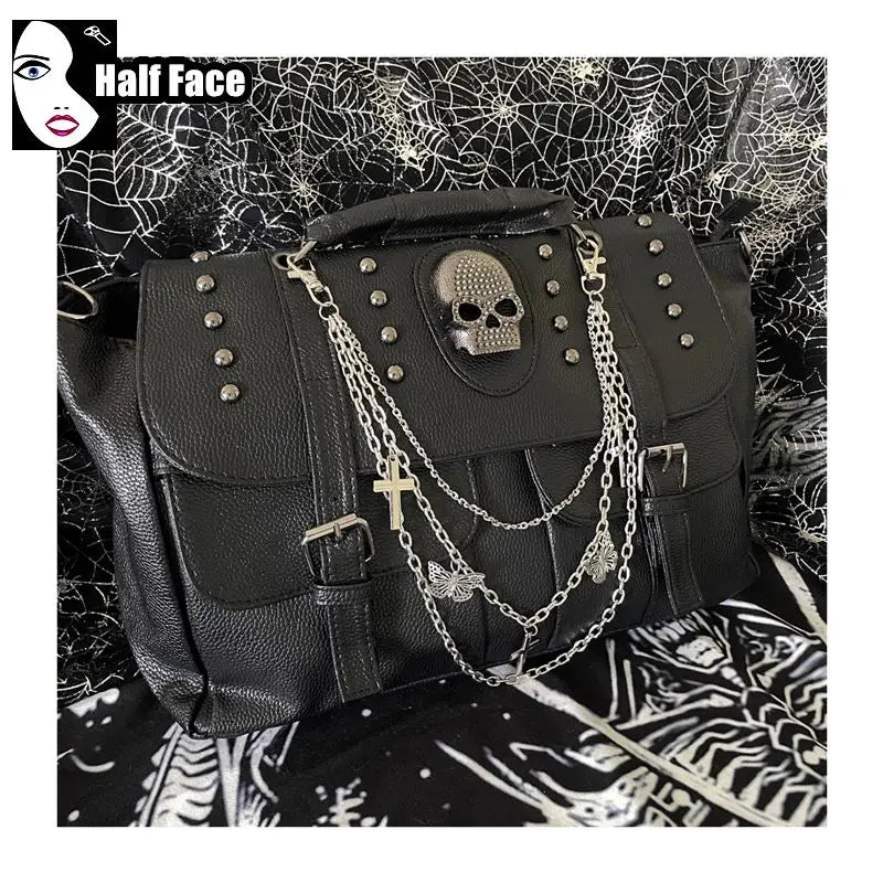 Y2K Spicy Girls Harajuku Gothic Punk Skeleton Head Chain Locomotive Subculture One Shoulder Lolita Women's Crossbody Bags Tote