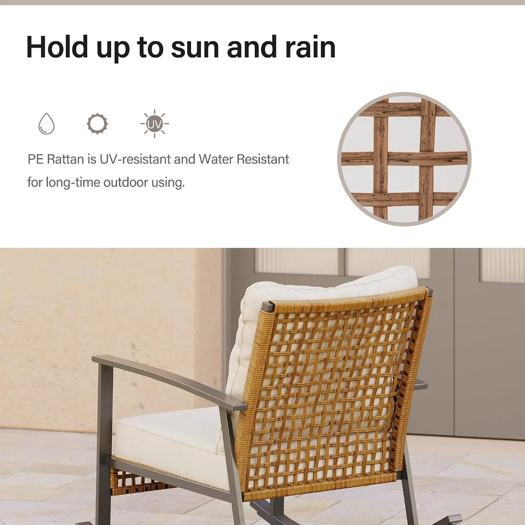 3-Piece Rattan Patio Rocking Conversation Set, 2-Tier Table, Customized