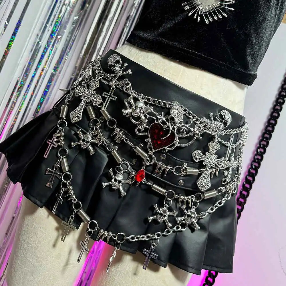 Emo Gothic Skirts Punk Rock Street Wear E-Girls Y2K Vegan Leather Goth Glitch Core Pin Eco Heart Kawaii Skull Grunge Harajuku