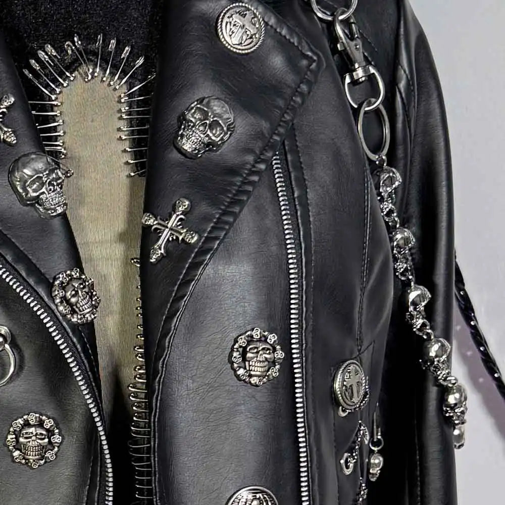 Y2K Vegan Leather Skull Studded Rivets Jacket Coat E-Girls Gothic Harajuku Grunge Chain Emo Eco DIY Punk Rock Hand Made