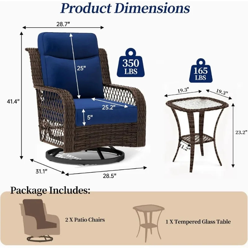 Outdoor Swivel Rocker Chairs 3 Piece Set with Rattan Side Table, Wicker Patio Chair with 5 Thick Cushions & 25 Support Back