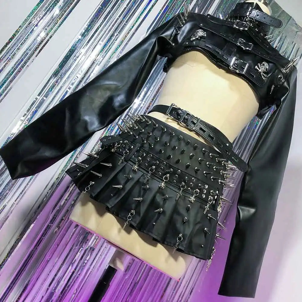 Grunge Harajuku Emo Long-sleeves E-Girls Goth Kawaii Skull DIY Eco Y2K TOPS Punk Rock Teen Gothic T-Shirt Studded Rivet