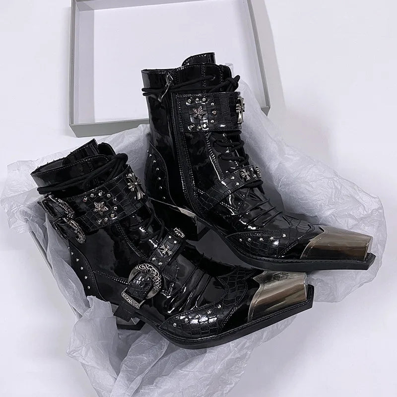 Gothic Punk Style Platform Couple Ankle Boots Designer Metal Decorative Belt Buckle Women Mans Motorcycle Booties Zapatos Hombre