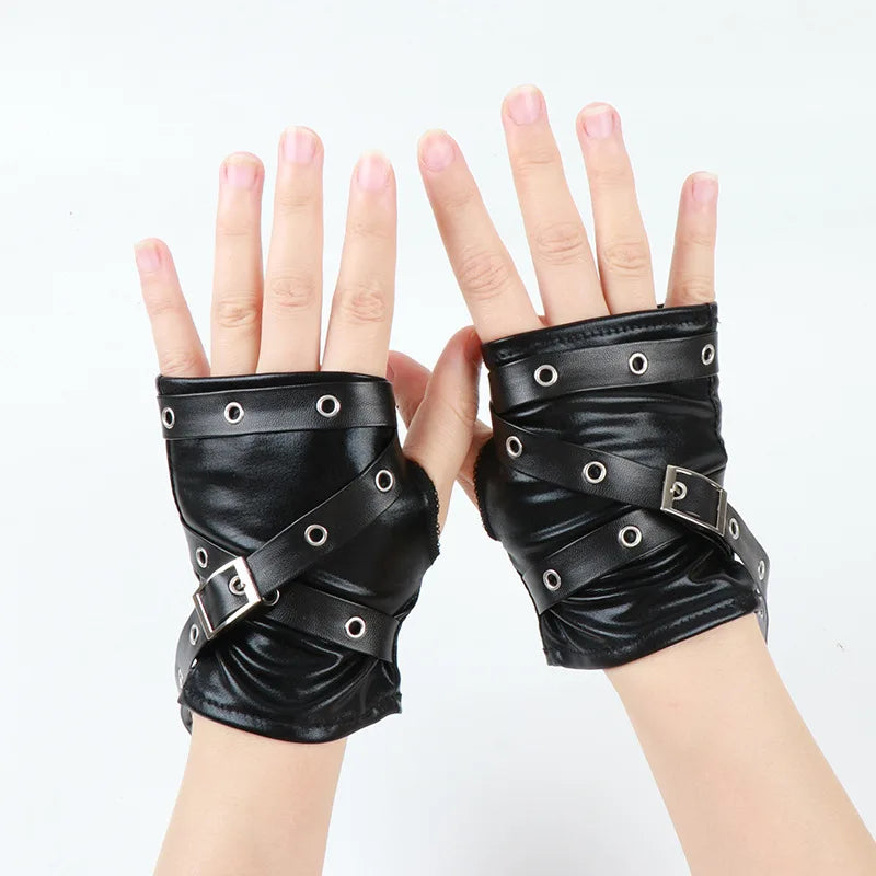 New Half Fingered Gloves for Women Gothic Black Fingerless Short Hand  Lacquer Leather Metal Buckle Wristband Dark Punk Sleeves