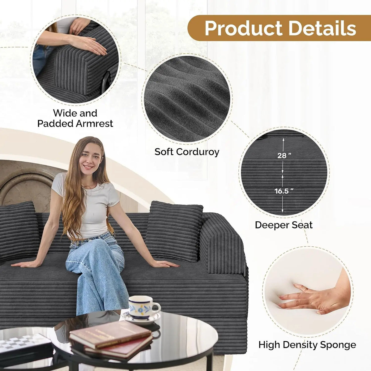Convertible Coarser Corduroy Sleeper Sofa Bed with Cylindrical Pillow, Folding Mattress Couch with Fixed-Shape, Customized