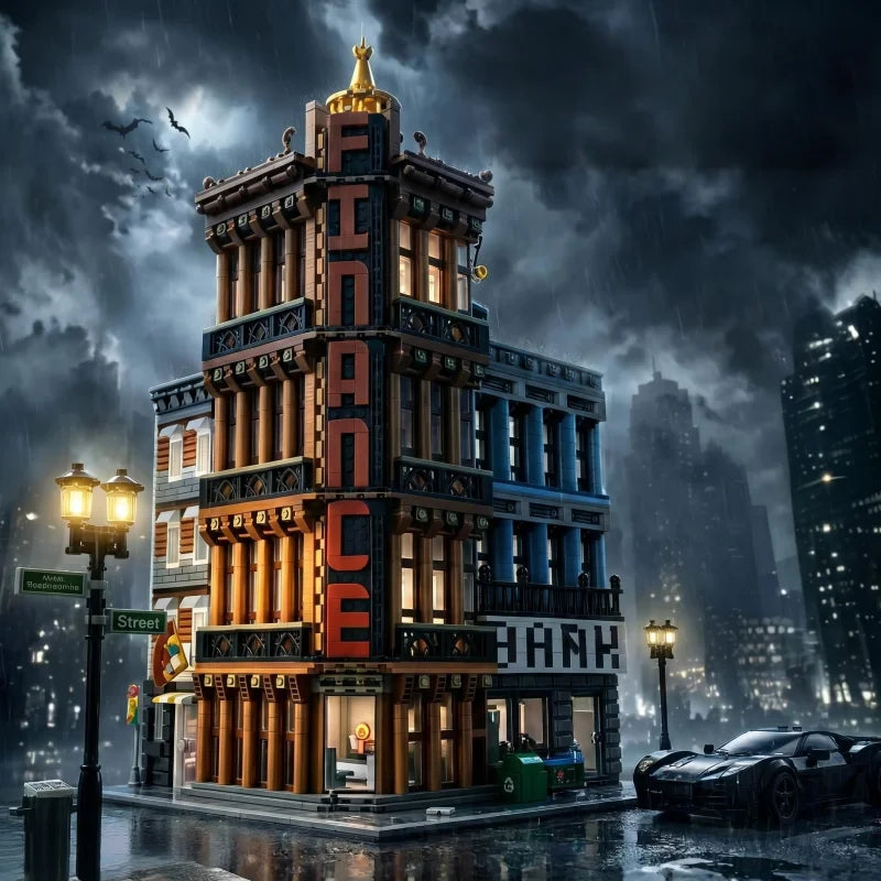 Adult modular building block set with 3,763 pieces, featuring a corner financial center street scene model, including bank and s