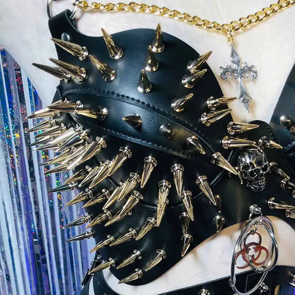 Y2K Halter Top for Women Gothic Punk Rock Emo Revival Chain Spiked Studded Rivet Spikes Clothing Goth Grunge Rave Festive Tops