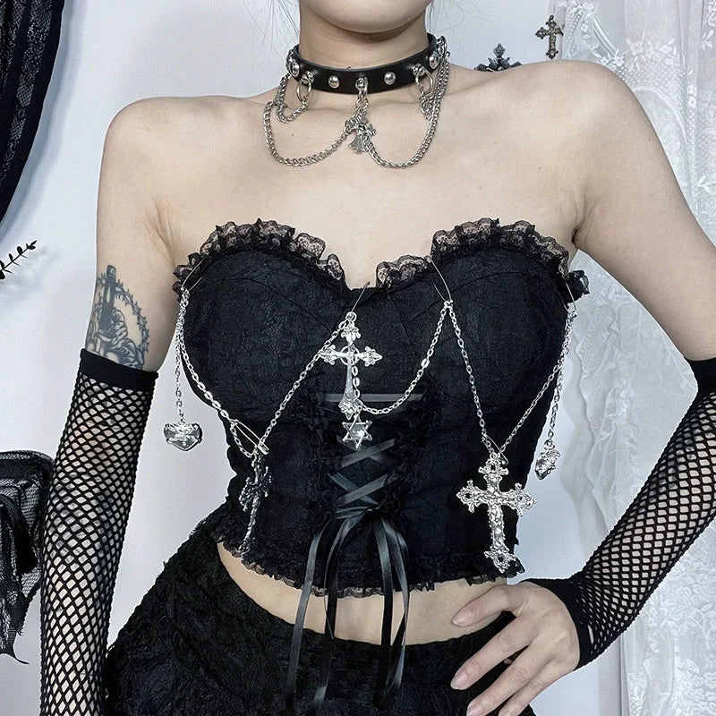 AltGoth Gothic Hotsweet Camisole Women Vintage Aesthetic Y2k E-girl Hipster Lace Patchwork Halter Crop Tank Tops Cosplay Clothes