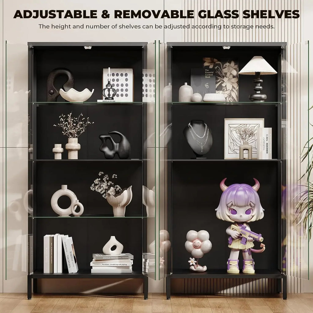 Black 4 Tier Glass Door Display Cabinet Curio Case With Motion Sensor Three Color Lights Adjustable Glass Shelves Storage Bookca