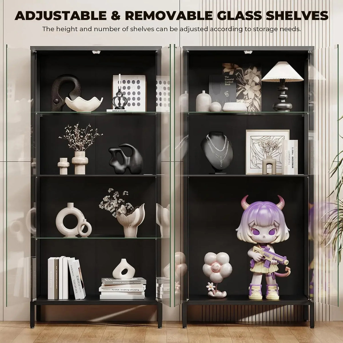 Black 4 Tier Glass Door Display Cabinet Curio Case With Motion Sensor Three Color Lights Adjustable Glass Shelves Storage Bookca