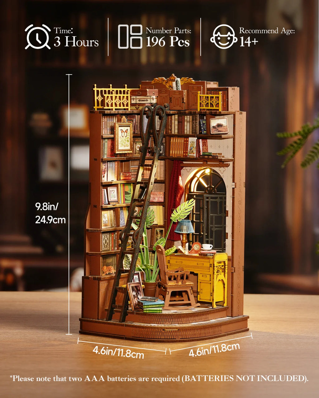 Rolife Wooden 3D Puzzle Silent Corner Study DIY Book Nook Kit Wood Bookends Model Building Kit with LED Light for Bookshelf Decor Gift for Book Lover Adult