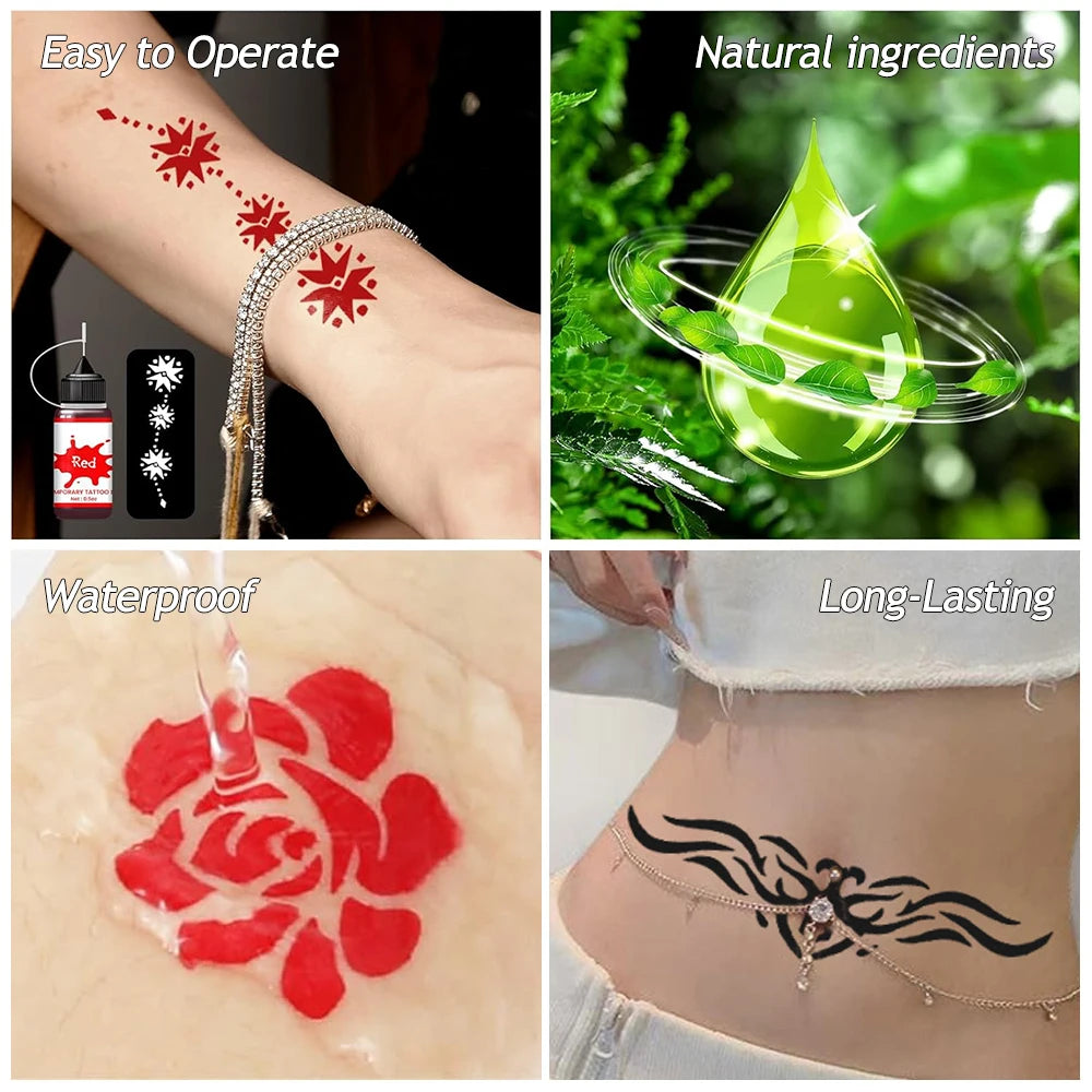 8 Bottles Temporary Tattoo Kit 8 Color Temporary Tattoo Ink with 62 Tattoo Stencils for Halloween Body Paint Art DIY Fake Tattoo