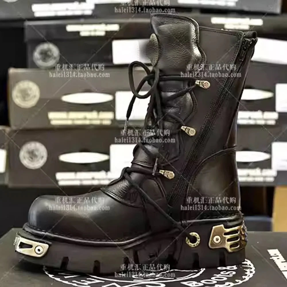 Men's Fashion Genuine Leather Motorcycle Boots Goth Skull Punk New Unisex Mid-calf Cowboy Boots Metallic Combat Boots