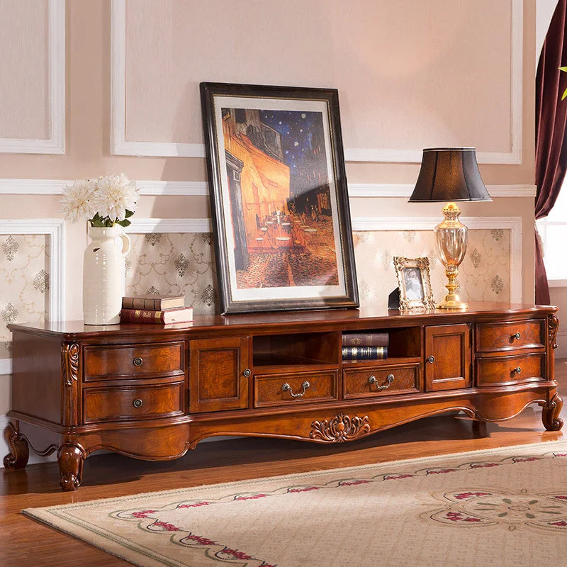 *American country solid wood, living room glass door European carved TV cabinet