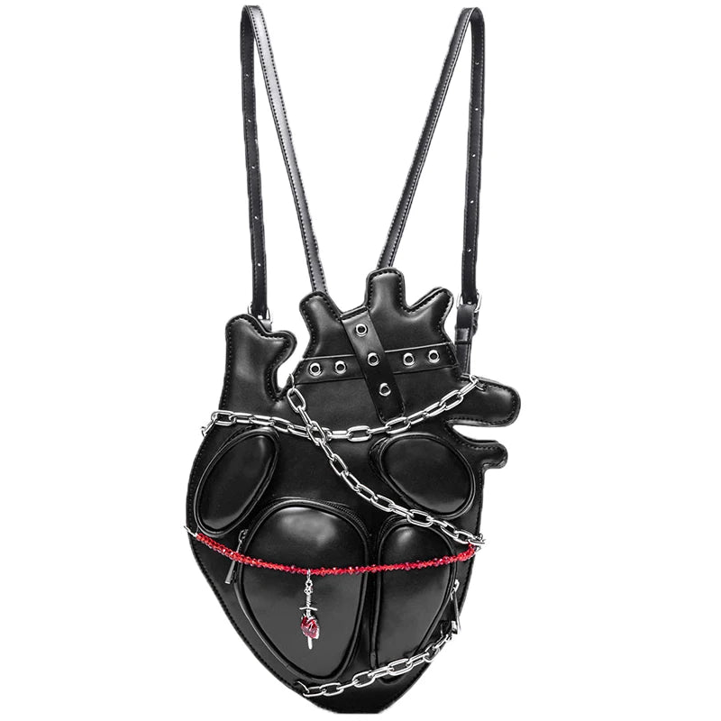 Fashion Shoulder Bags PU Backpack Dark Binding Chain Heart Bags For Women Man Gothic Punk Metal Crossbody Bag Creative Design
