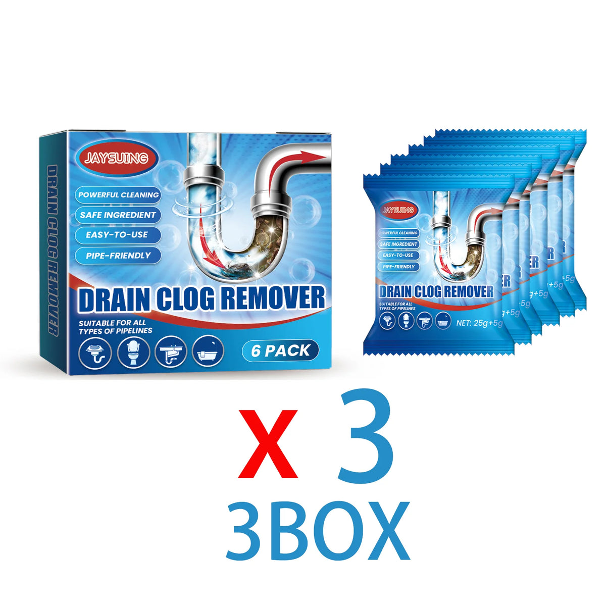 6 Pack 184g Fast Acting Drain Cleaner Powder Kitchen Sink and Toilet Pipe Unclogger Hair and Grease Remover Odor Eliminator