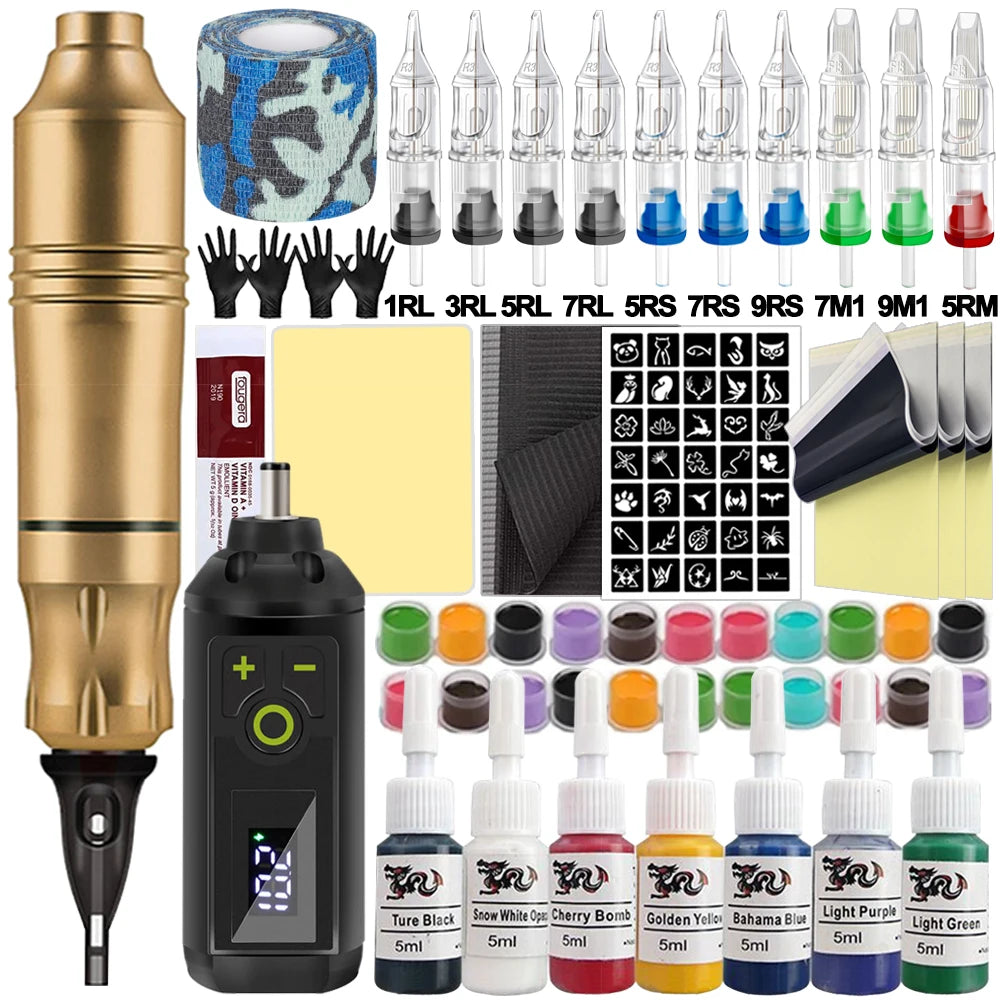 Wireless Tattoo Machine Kit Rotary Tattoo Pen Machine Set with Wireless Power Supply Needles Inks for Tattoo Artist Beginner