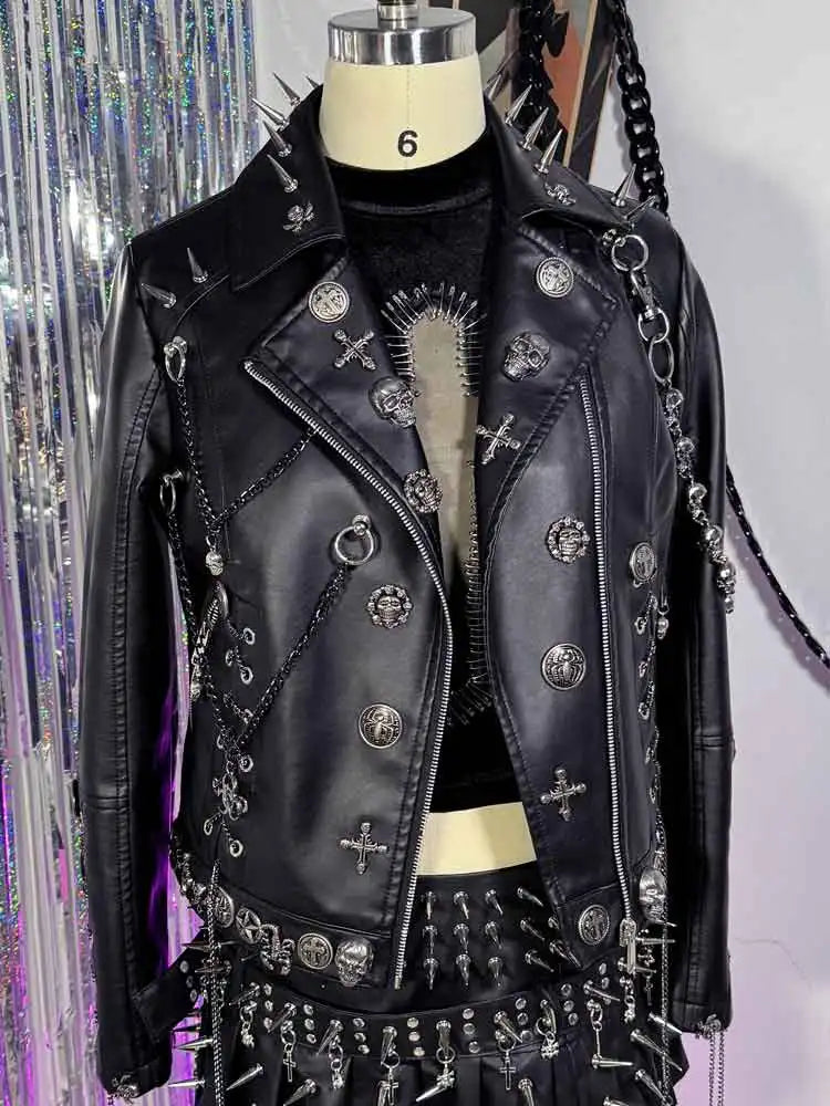 Y2K Vegan Leather Skull Studded Rivets Jacket Coat E-Girls Gothic Harajuku Grunge Chain Emo Eco DIY Punk Rock Hand Made
