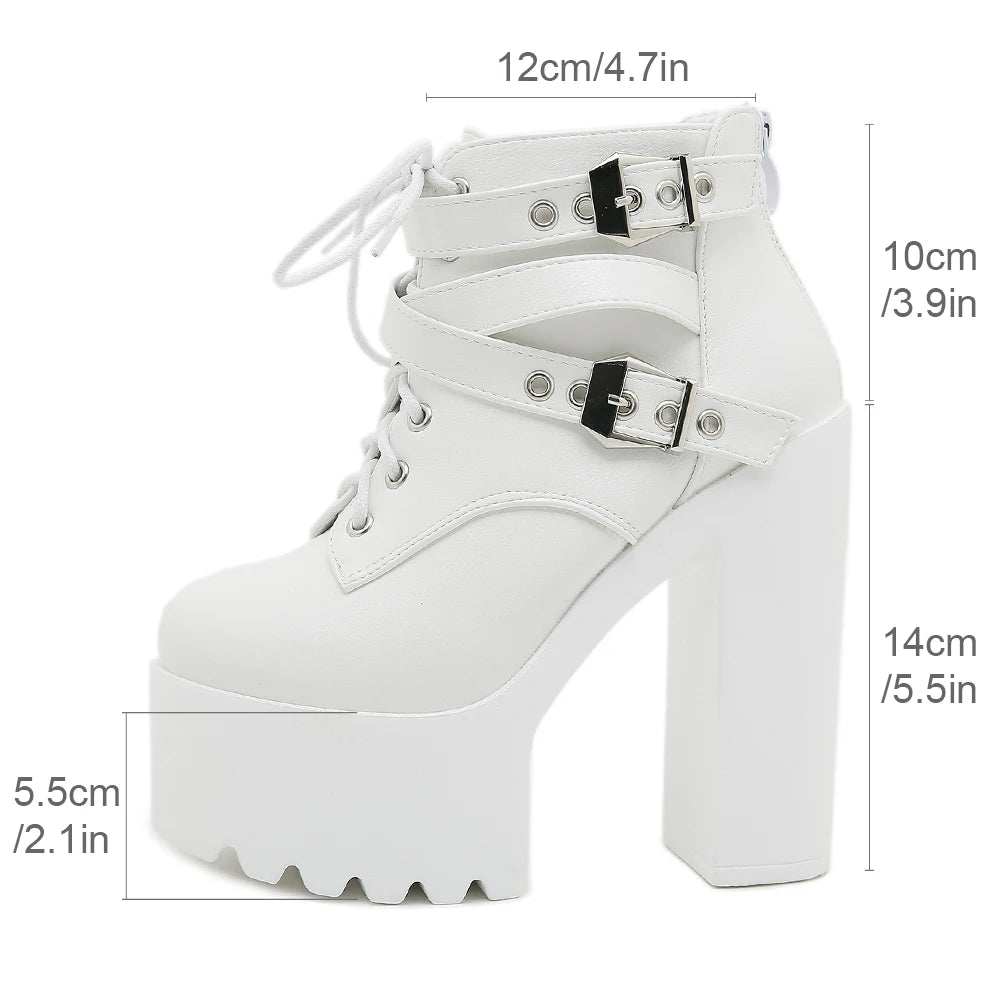 Gdgydh Women's Solid Color Block Heeled Boots Buckle Strap Fashion Goth Lace Up Dress Boots for Party Back Zipper Ankle Boots