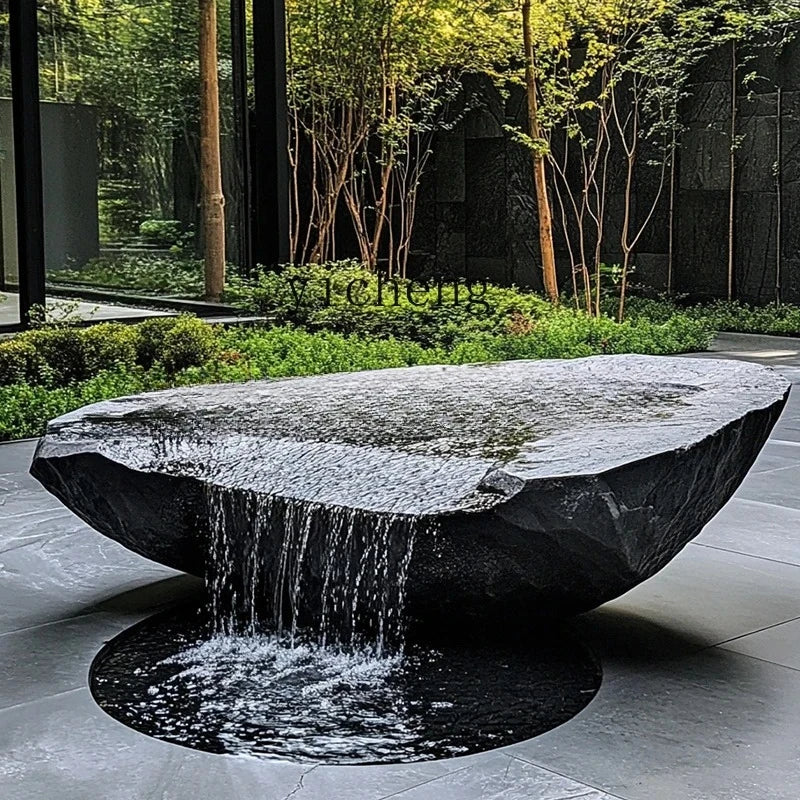 FZ  Black Mountain stone water bowl basin courtyard Chinese fountain stone carving water fountain garden  water feature