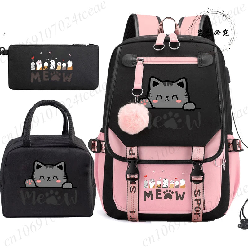 Teenager School Backpack for Students Daily Bagpack Backpacks for Girl Black Cat Cartoon School Bag with Pen Lunch Bags 3pcs/set