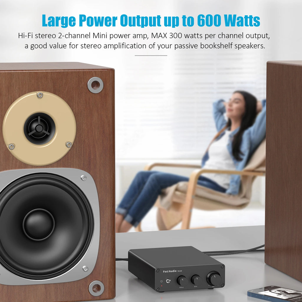 Fosi Audio TB10D HiFi Power Amplifier 300Wx2 TPA3255 Class D Stereo Amp With Treble Bass For Home Speaker