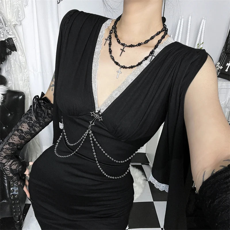 Goth Dark Harajuku Fashion Lace Splice V-neck Bodycon Dresses Mall Gothic Corss Chain Decor Mini Dress Alt Aesthetics Partywear
