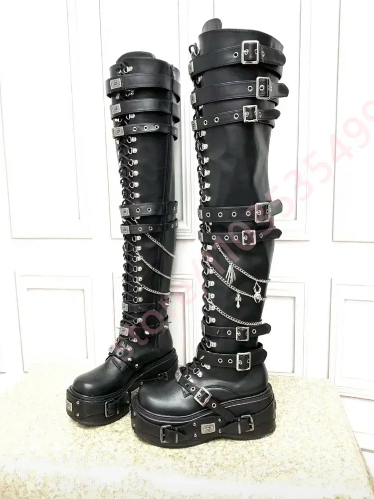 Black Street Fashion Thigh High Boots Multi Metal Buckle Chain Gothic Punk Lace Up Wedge Heel Over The Knee Platform Women Boots