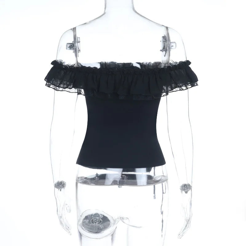 Goth Dark Mall Gothic Solid Square Neck Corset Tops Lace Patchwork Kawaii Off Shoulder Tanks Top Trim Bandage Shirts Streetwear
