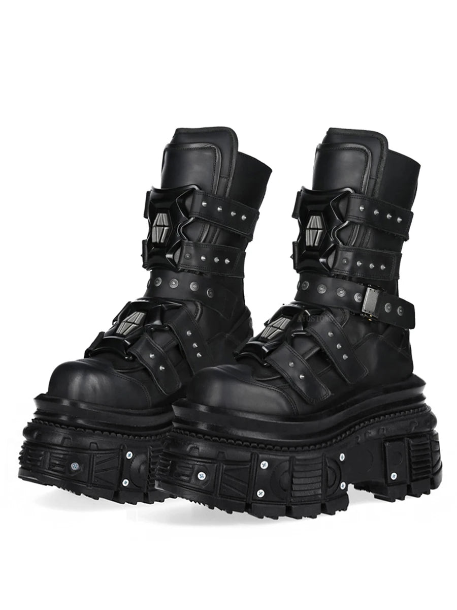 Cyberpunk Metal Black Motorcycle Boots 2025 New Street Rock Thick Sole Round Short Boots 36-45 Fashion Sports Casual Gothic Boot