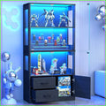 4-Tier Display Cabinet with Glass Doors, 3-Color LED Lights & Motion Sensor, Storage Shelves & Drawers, Black Oak