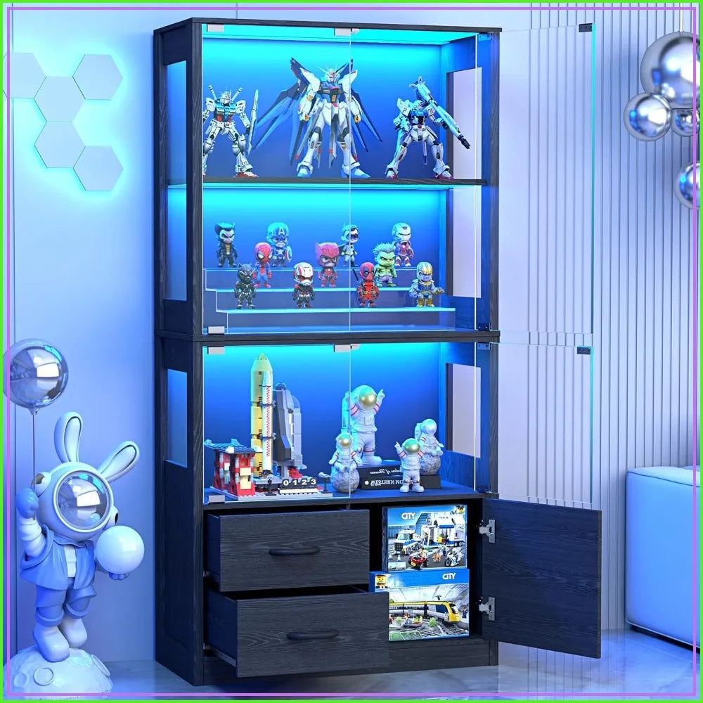 4-Tier Display Cabinet with Glass Doors, 3-Color LED Lights & Motion Sensor, Storage Shelves & Drawers, Black Oak