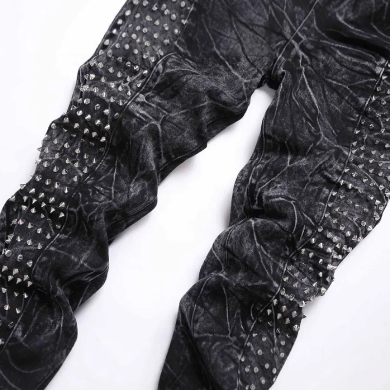 2025 new retro punk high street trendy rivet design black slim fit buckle men's jeans fashion classic denim pants