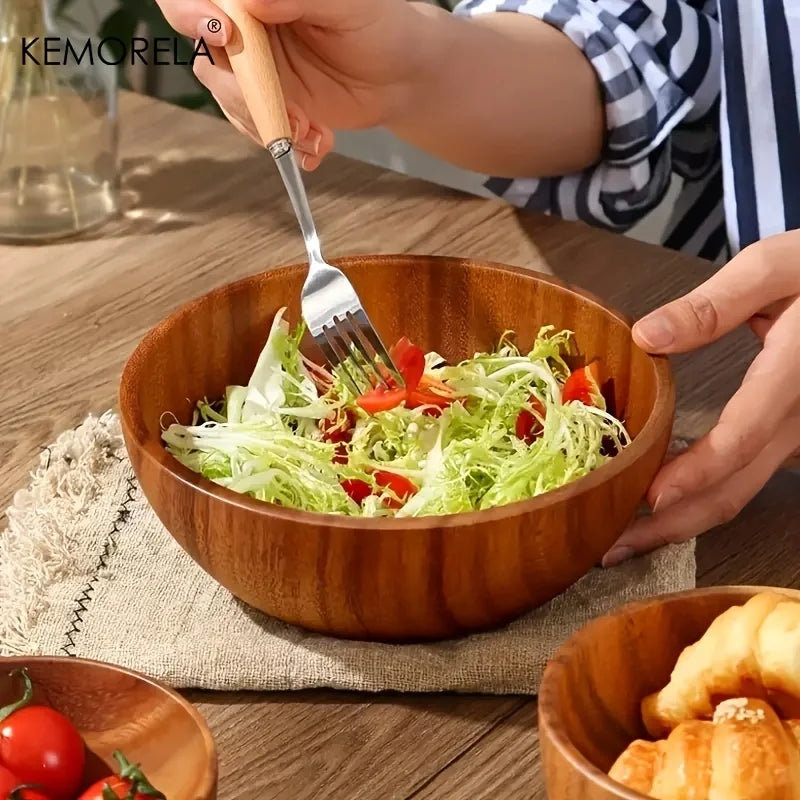1PCS Acacia Wooden Salad Bowl Kids Anti-scalding Wooden Bowl Suitable for Fruit Vegetable Ice Cream Decoration
