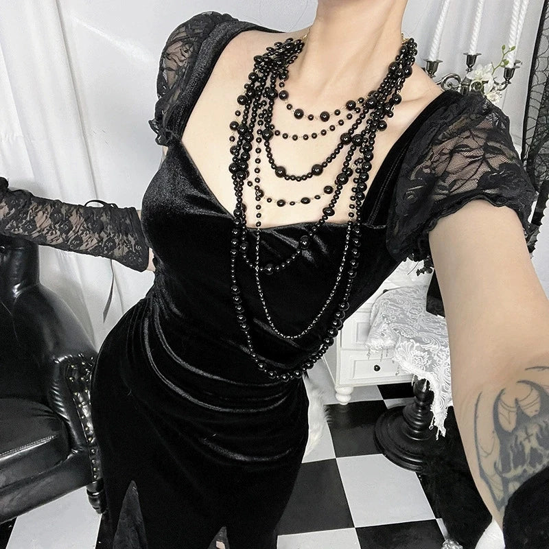 Goth Dark Women Elegant Fashion Short Sleeve Maxi Dress Halloween Party Outfits Mall Gothic Lace Patchwork Mermaid Dresses Slim