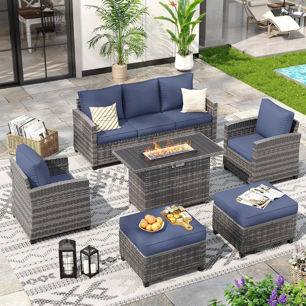 6 PCS Patio Furniture Set with Fire Pit,Rattan Patio Set,Dark Grey, Customized