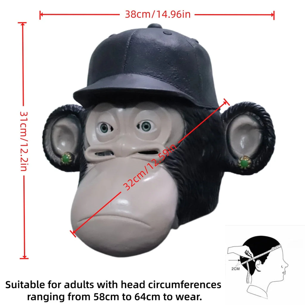 Chimpanzee Latex Full Head Mask with Baseball Cap & Ear Ornaments, Animal Cosplay Headgear for Halloween Masquerade, Party and Role Play Costume Props