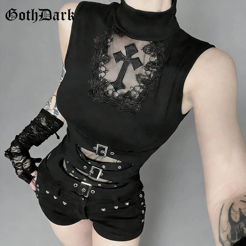 Goth Dark Mesh Pathwork Slim Tanks Top Mall Gothic Cross Sleeveless T-shirts Women Punk Sheer Alternative Tops Chic Streetwear