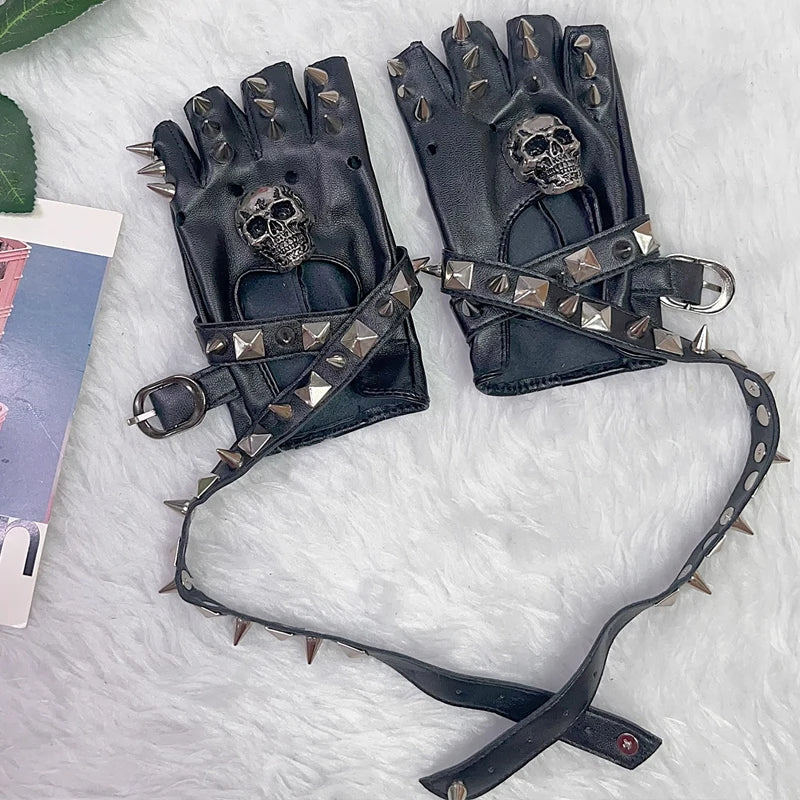 Punk Vintage Glove Y2K Fashion Gothic Harajuku Metal Rivet Skull Half Finger Black PU Leather Rock Gloves Lolita Coaplay Gloves