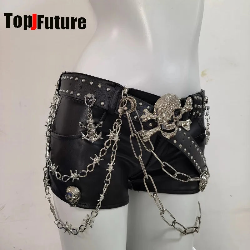 Y2K Spicy Girl Gothic Dark Punk Subculture PU Leather Shorts With Skull Chain Rivet Decor Niche Alternative Fashion Streetwear