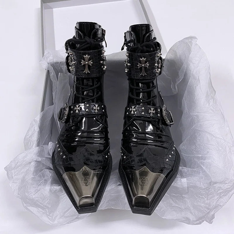 Gothic Punk Style Platform Couple Ankle Boots Designer Metal Decorative Belt Buckle Women Mans Motorcycle Booties Zapatos Hombre