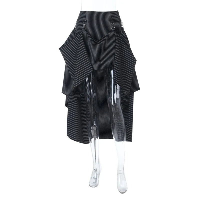 Goth Dark Women Fashion Striped Zipper Skirts Alt Streetwear Cyber Y2K Bottoms Mall Gothic Big Swing Skirt Casual Holiday Outfit