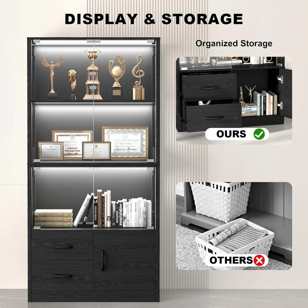 4-Tier Display Cabinet with Glass Doors, 3-Color LED Lights & Motion Sensor, Storage Shelves & Drawers, Black Oak