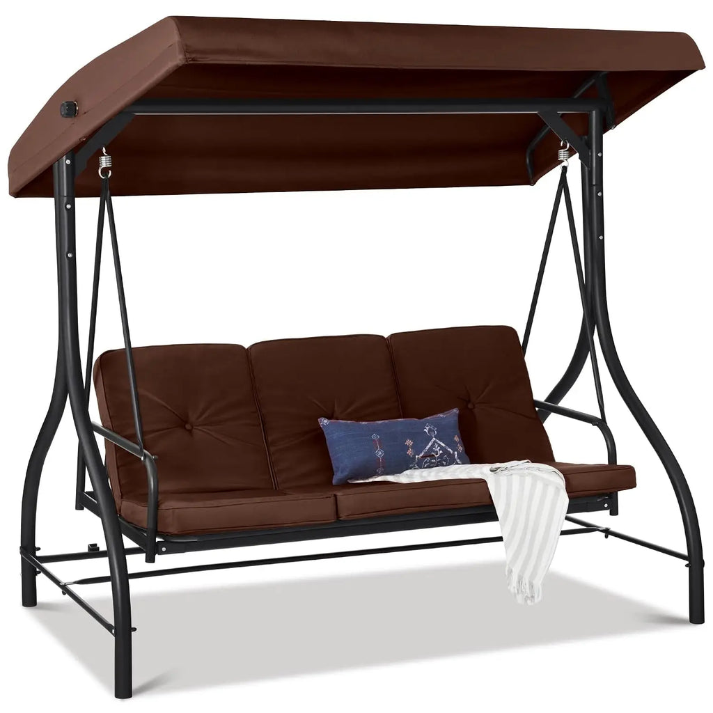 3-Seat Outdoor Large Converting Canopy Swing Glider, Patio Hammock Lounge Chair for Porch, Backyard w/Flatbed,, Customized