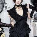 Goth Dark Women Fashion Summer Solid V-neck Tanks Top Mall Gothic Slim Sleeveless Tops Kawaii Ruffles Lace-up Vests Teachwear