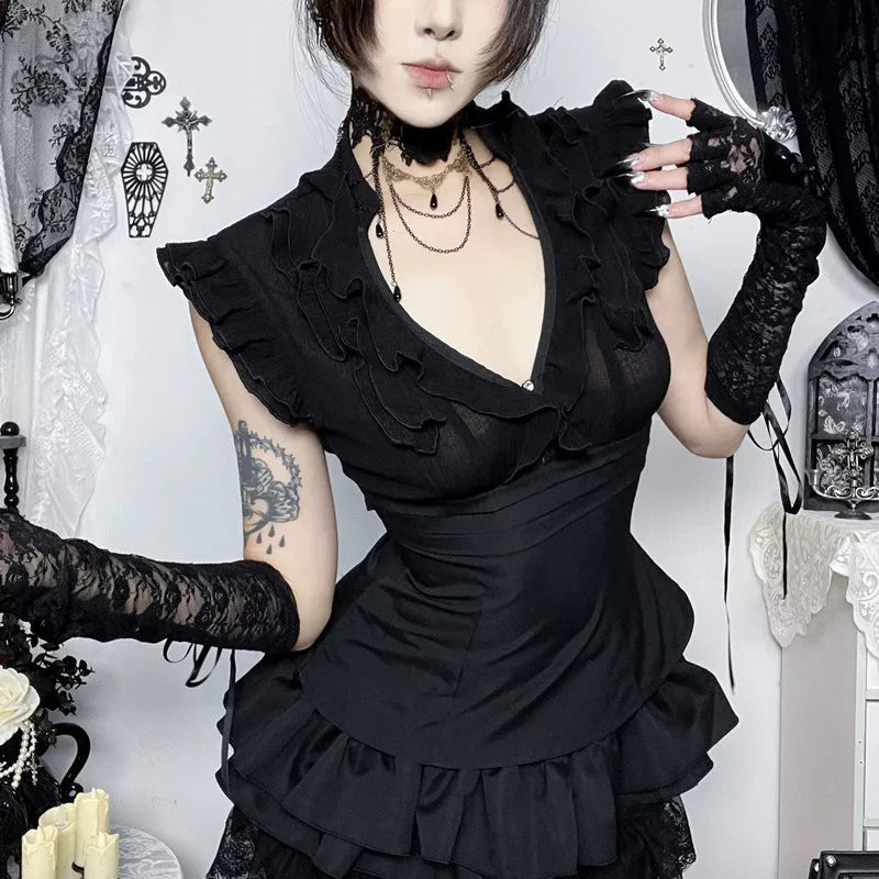 Goth Dark Women Fashion Summer Solid V-neck Tanks Top Mall Gothic Slim Sleeveless Tops Kawaii Ruffles Lace-up Vests Teachwear