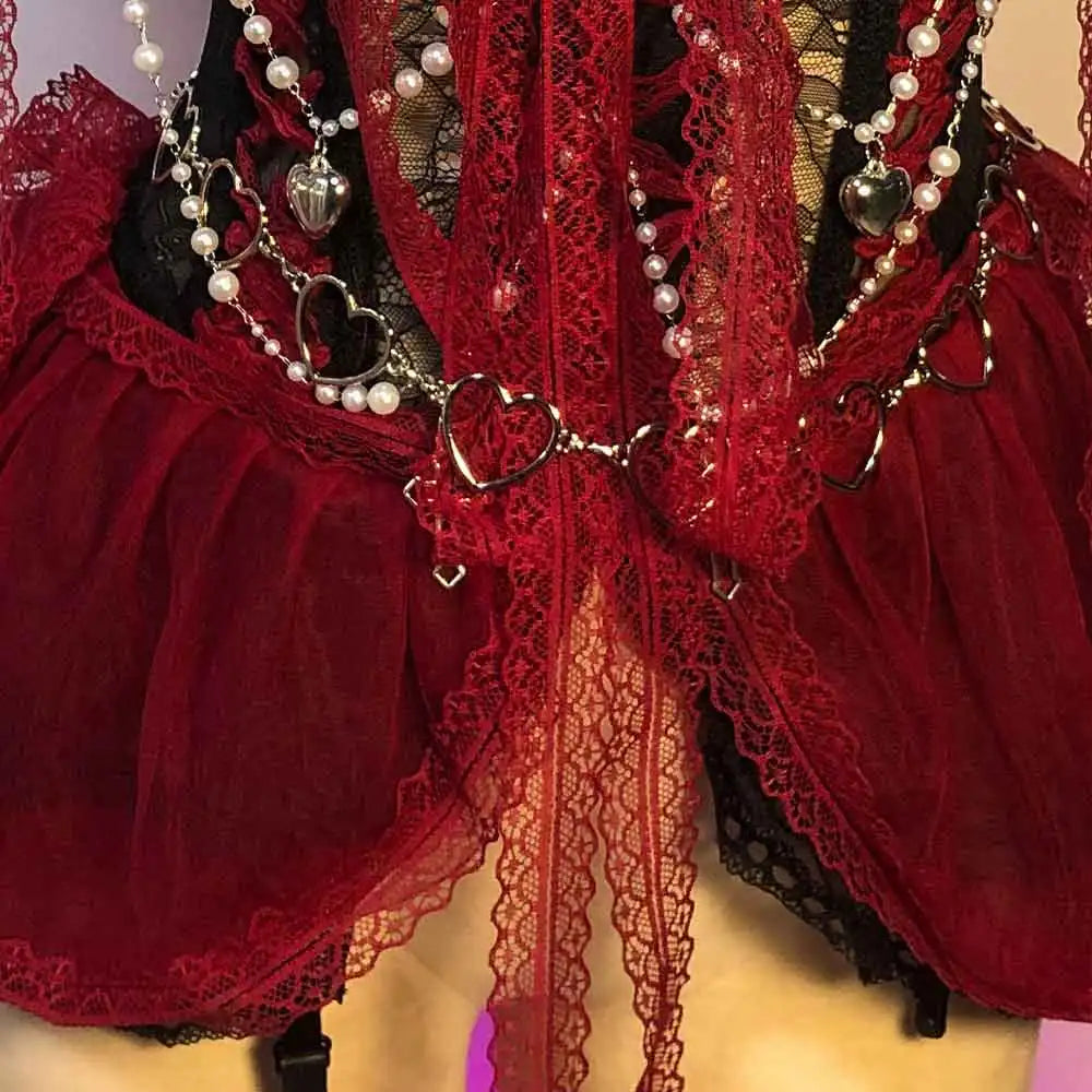 Red Gothic Dress for Women Y2K Rave Cyber Punk Rock Star Goth Cross Lace Scene Emo ALT Grunge E-Girls Lolita Ball Gown Clothing